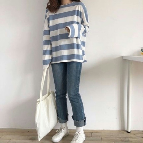 New top ins fashion student long sleeve T-shirt women's Korean version versatile stripe loose women's bottomed shirt