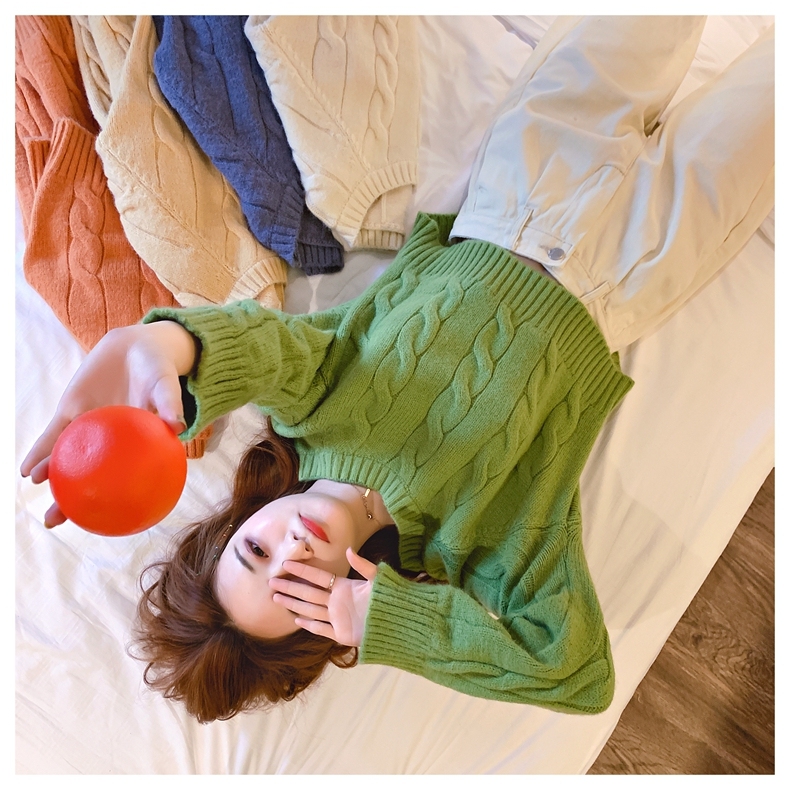 Short Avocado Green Sweater female Pullover twist fashion foreign style Korean loose lazy style sweater