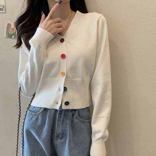 Small fresh color buttons age reduction slim fit V-neck cardigan long sleeve sweater blouse women