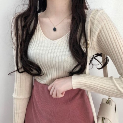Basic multi-color V-neck slim bottoming single long sleeve autumn and winter T-shirt