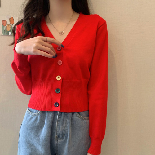 Small fresh color buttons age reduction slim fit V-neck cardigan long sleeve sweater blouse women