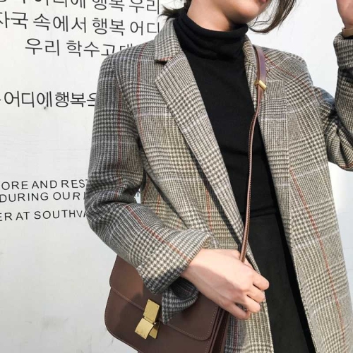 Korean Plaid suit coat women's new slim fit mid length Vintage Plaid Wool Suit in autumn and winter 2021