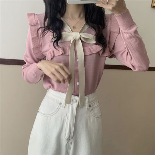 New bow tie tie short knit cardigan long sleeve with high waist sweater coat