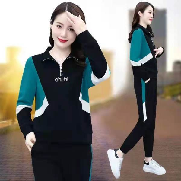 Sportswear women's spring and autumn 2021 new fashion loose splicing thin sweater casual wear stand collar two-piece set