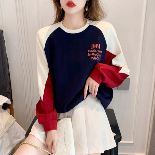 Casual style women's fall 2021 new loose round neck raglan sleeve three color stitched letter printed sweater