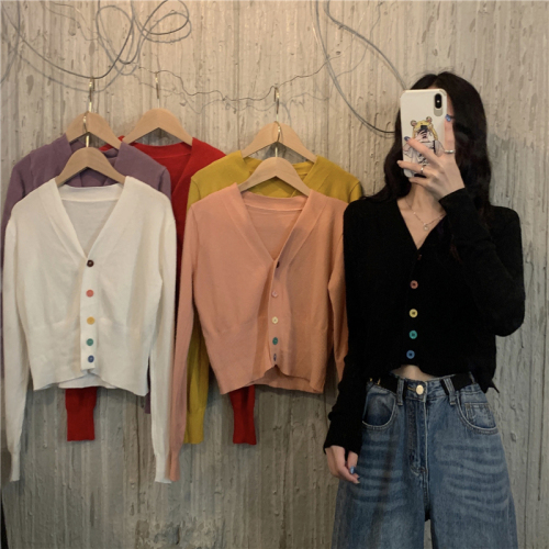 Real price color button slim V-neck cardigan Long Sleeve Sweater Top