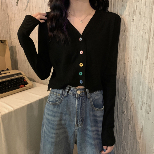 Real price color button slim V-neck cardigan Long Sleeve Sweater Top