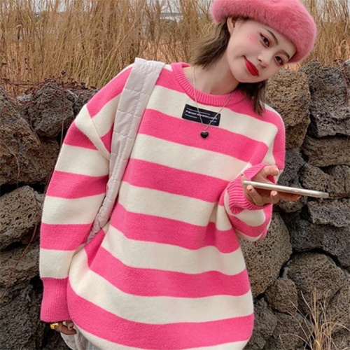 Soft milk Klein Blue Stripe sweater women's top design  spring and autumn loose retro Japanese lazy coat
