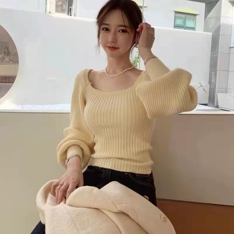 2021 autumn and winter new loose long sleeve top lazy wind square neck bubble Lantern Sleeve Sweater Coat women's sweater