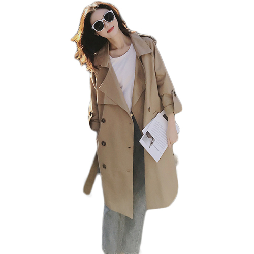  early autumn popular windbreaker women's new Korean version medium and long style versatile Khaki double breasted loose coat