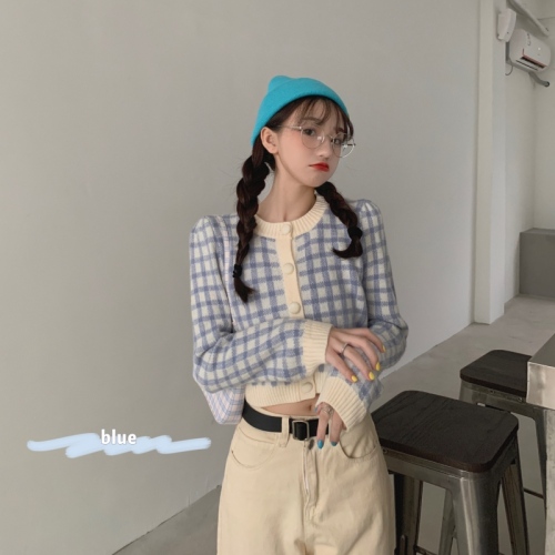 Plaid sweater coat women's autumn fashion versatile long sleeve knitted cardigan  new net red BM short temperament top