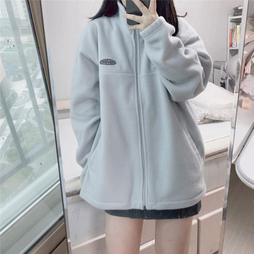 Retro college girls lovely embroidered letters thickened fleece zipper jacket warm winter Korea