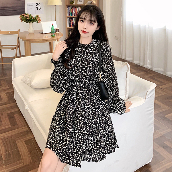 Real price French retro Hepburn style waist closing slim skirt women's long sleeve Floral Dress