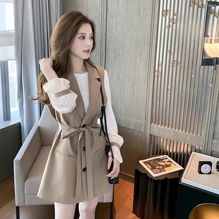 Autumn suit female 2021 new leisure fashion foreign style loose suit vest LONG SLEEVE bottomed shirt two-piece set