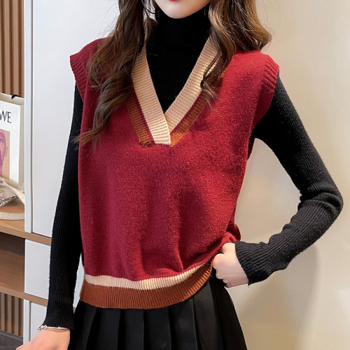 Early autumn vest women's top stripe V-neck design sense of minority sweater women's Vest