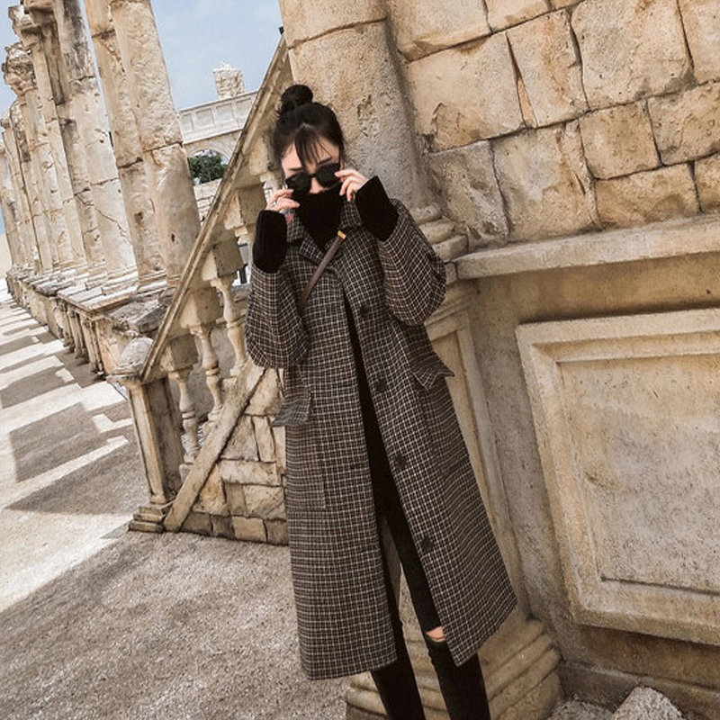 Wool coat women's autumn and winter 2021 new Hong Kong retro chic suit collar medium and long thousand bird check coat trend
