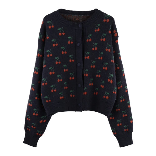Sweater women's versatile wear loose knit cardigan, new spring and autumn lazy wind and sun cherry jacquard coat