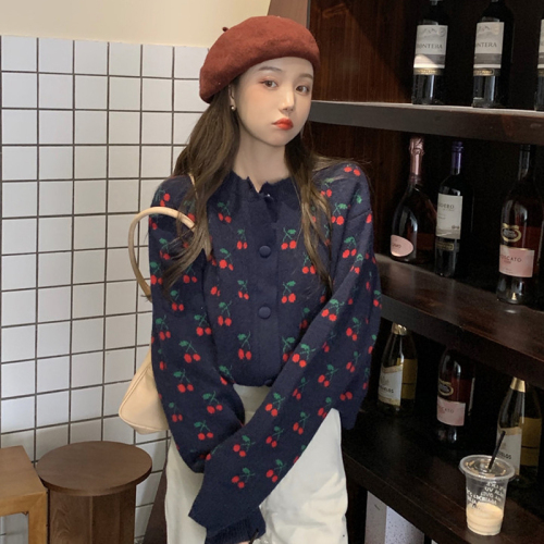 Sweater women's versatile wear loose knit cardigan, new spring and autumn lazy wind and sun cherry jacquard coat