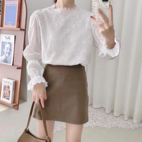 Stripe stitching Lace Long Sleeve Shirt women's Korean version gentle wind hollowed out pleated flower collar top autumn new style