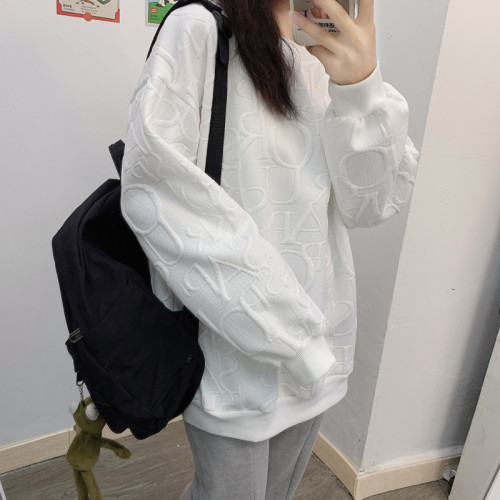 Real shot 2021 Korean version new lazy style loose solid color versatile waffle style chic Pullover women