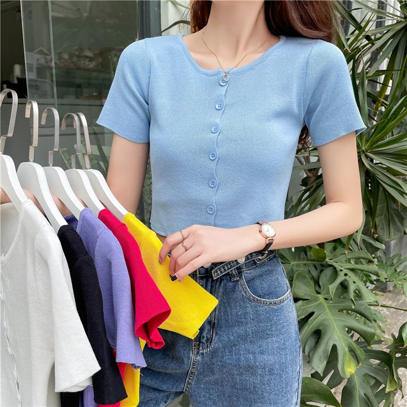 Real shooting of spring Korean ins style short sweater cardigan top loose short sleeve T-shirt women's fashionable wool sweater