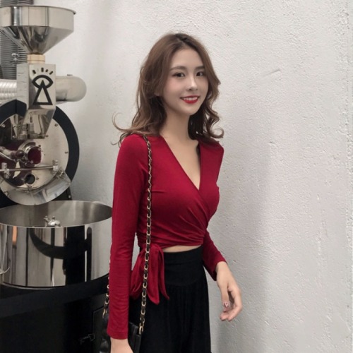 Spring and Autumn New Women's fashion net red slim long sleeve short collar top