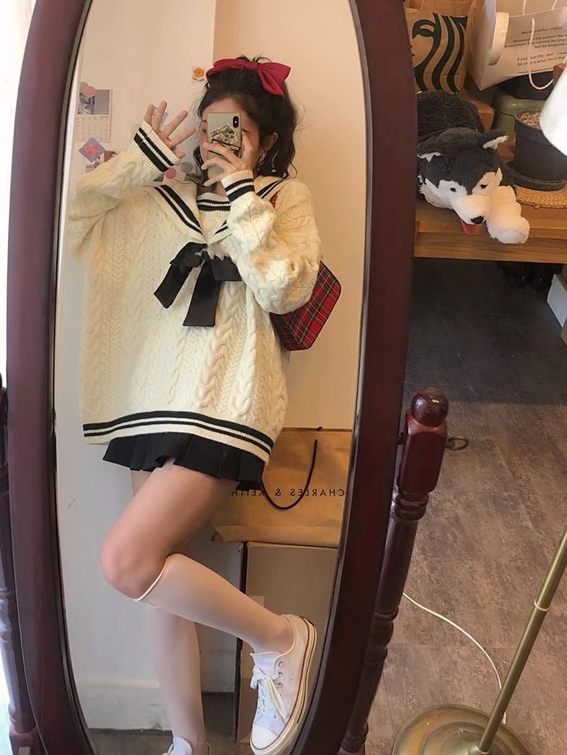 Autumn and winter gentle wind Navy wind wear casual fried Street versatile sweater skirt fashion two-piece suit women