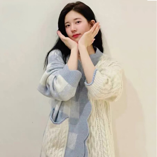 Zhao Ruth star's same cotton cloud sweater coat 2021 new lattice sweet and loose with knitted cardigan