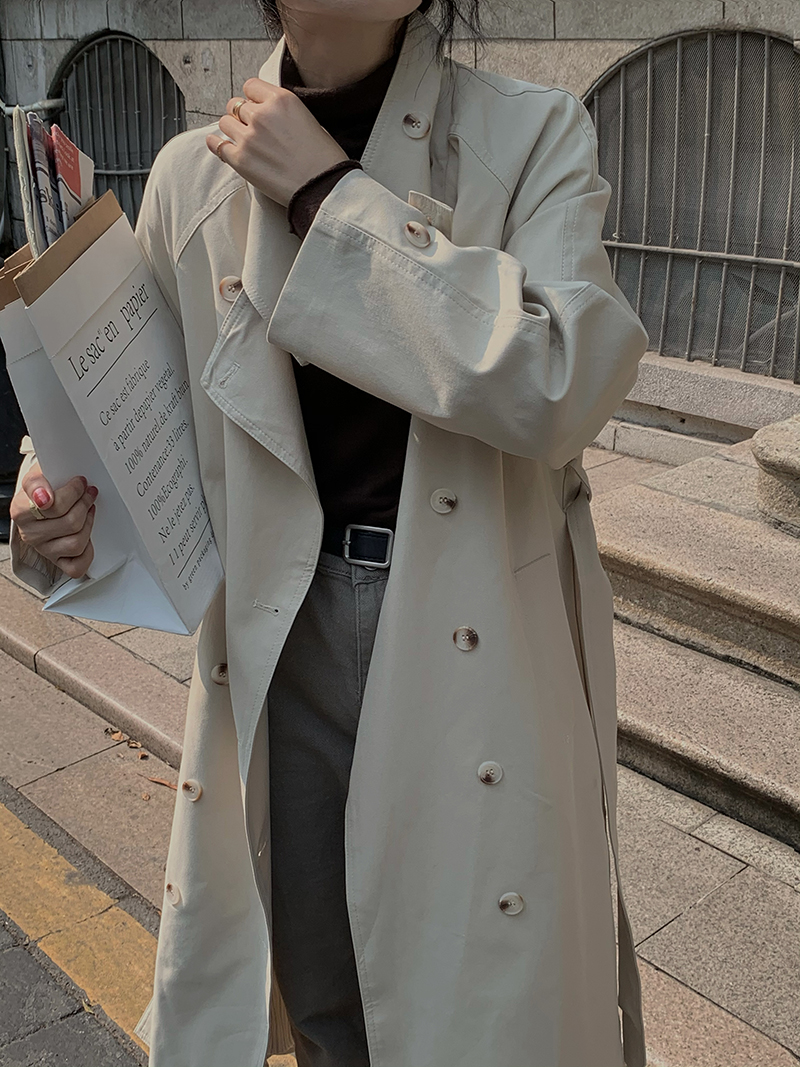 Real price real shooting walking windproof multi buckle design chic medium and long windbreaker coat