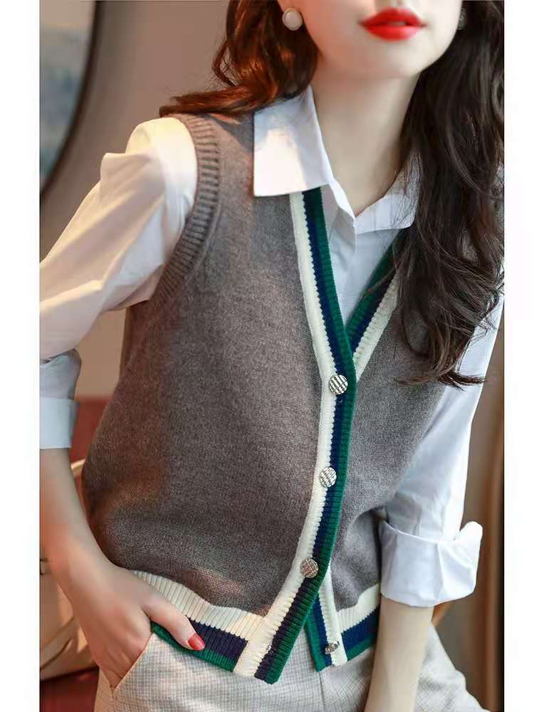 Autumn and winter new fashion versatile sleeveless contrast color knitted cardigan vest vest sweater coat women