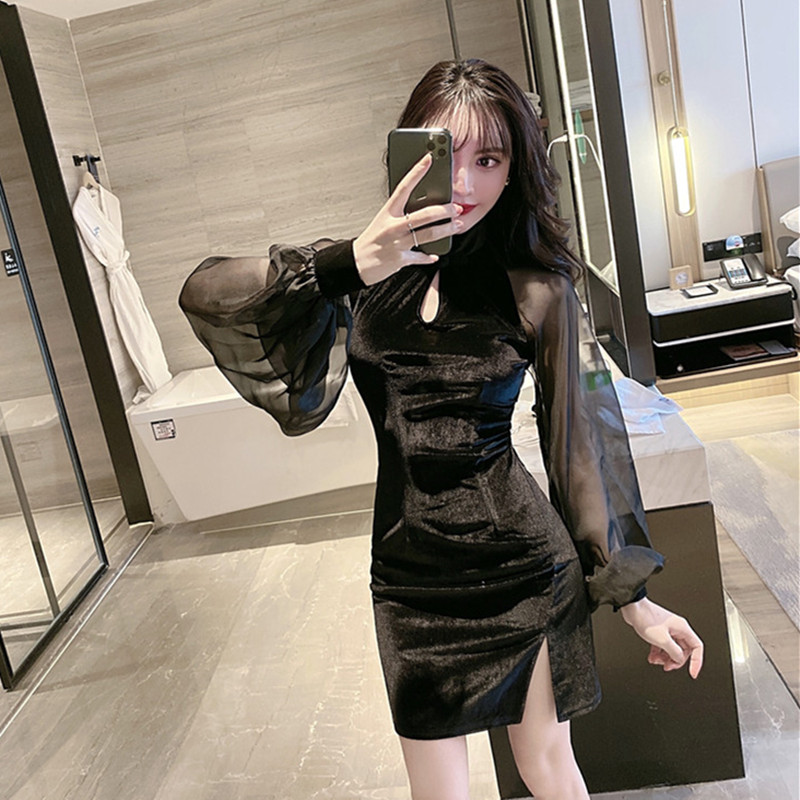 Real price 2021 new French sexy velvet dress stitched Chiffon Lantern Sleeve Chinese style Hip Wrap Skirt