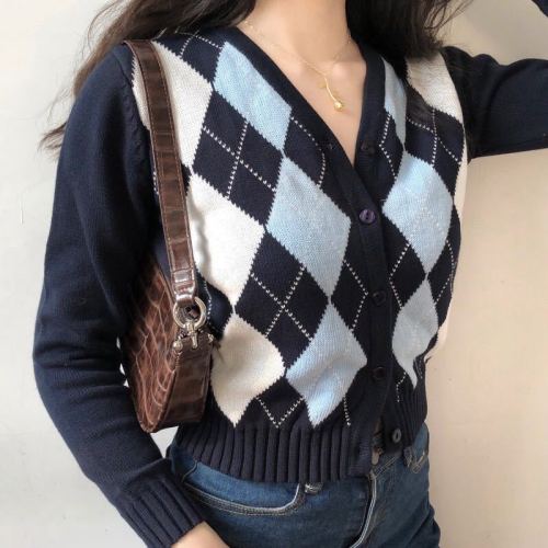 American retro V-neck Lingge long sleeve short top knitted cardigan women's coat