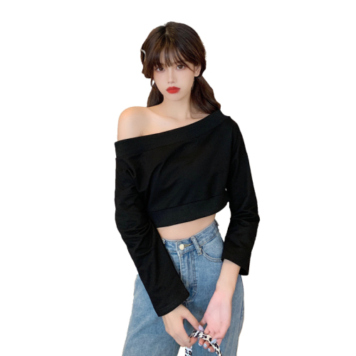 Sexy off shoulder top women's short navel exposed 2021 new lazy wind heart machine sweater