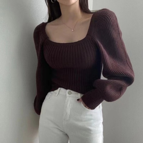 Vintage temperament square neck bubble sleeve solid color knitted top women's autumn and winter warm backing long sleeve slim waist sweater