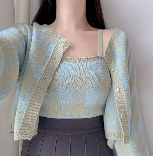 Real price plaid sweater cardigan set women's autumn and winter new sweater sling two-piece set short outside