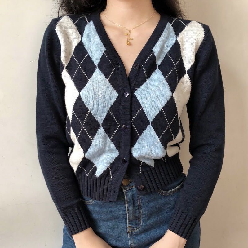 American retro V-neck Lingge long sleeve short top knitted cardigan women's coat
