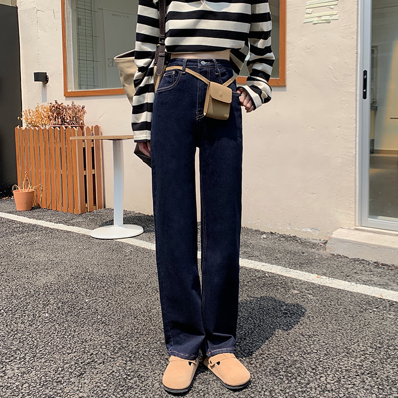 Real price: new dark blue high waist jeans and loose straight pants in autumn 2021