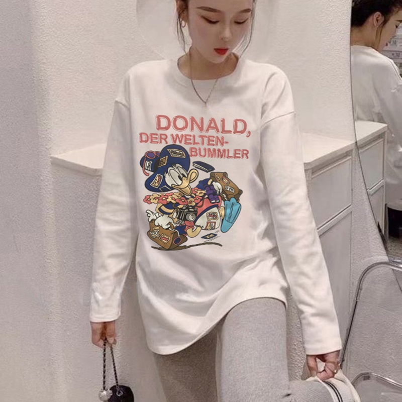 Cotton 2021 autumn Korean version new loose and thin cartoon letter round neck long sleeve T-shirt bottomed top