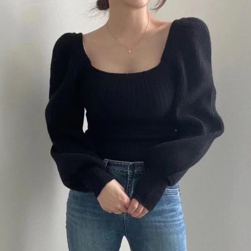 Vintage temperament square neck bubble sleeve solid color knitted top women's autumn and winter warm backing long sleeve slim waist sweater