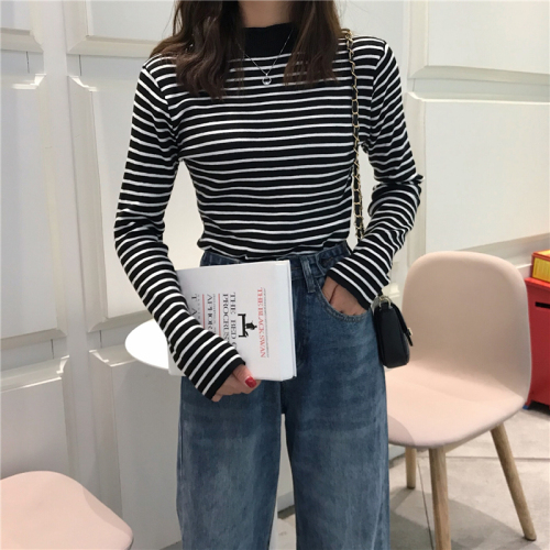 Real shooting real price autumn new half high collar long sleeve classic stripe backing Pullover Sweater women's top