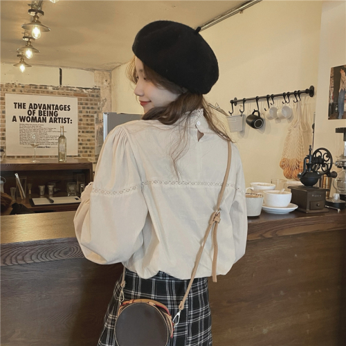 Real shooting and real price autumn design feeling overlay temperament shirt French retro crimp loose long sleeve top