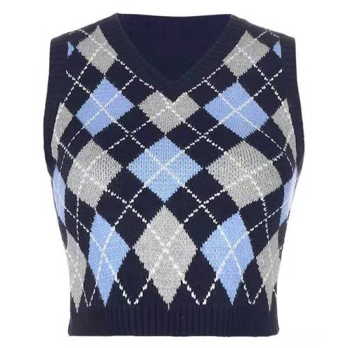Go girl go American retro Pullover V-neck diamond knit vest women's College sleeveless top
