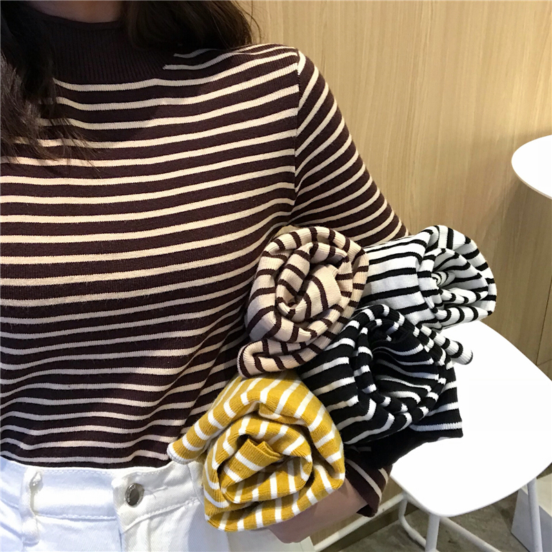 Real shooting real price autumn new half high collar long sleeve classic stripe backing Pullover Sweater women's top