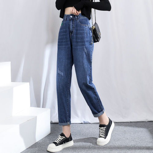 Spring and autumn Harlan dark blue jeans female dad pants  new high waist thin loose radish pants