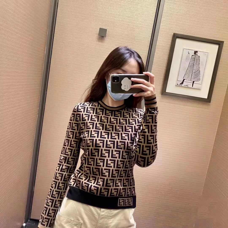 Double F letter round neck knitted Long Sleeve T-Shirt Top Vintage Pullover Sweater new women's slim fit in autumn 2021