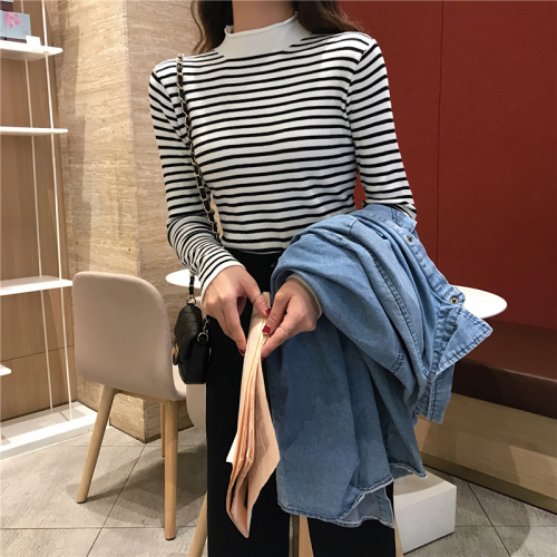 Real shooting real price autumn new half high collar long sleeve classic stripe backing Pullover Sweater women's top