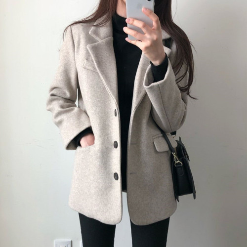Single breasted thickened warm cashmere suit top women's 2021 autumn new suit collar casual wool coat