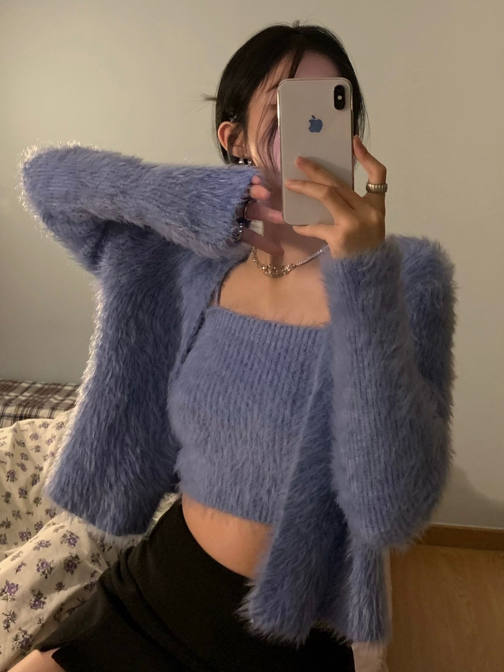 New real price mink cashmere knitted short soft waxy cardigan two piece sweater