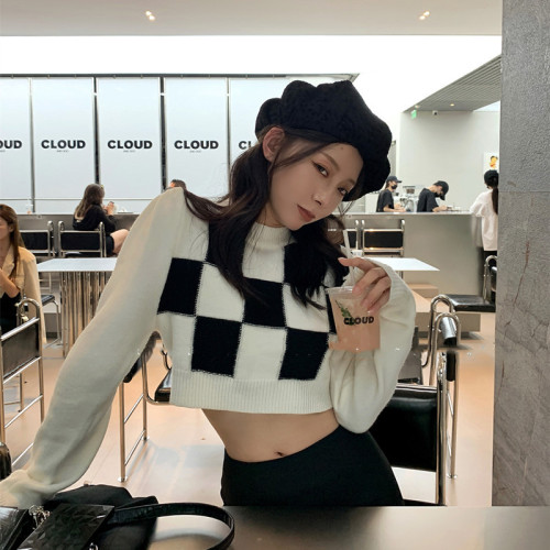Korean chic top women's high waist short sweater design sense of minority Long Sleeve Sweater Top