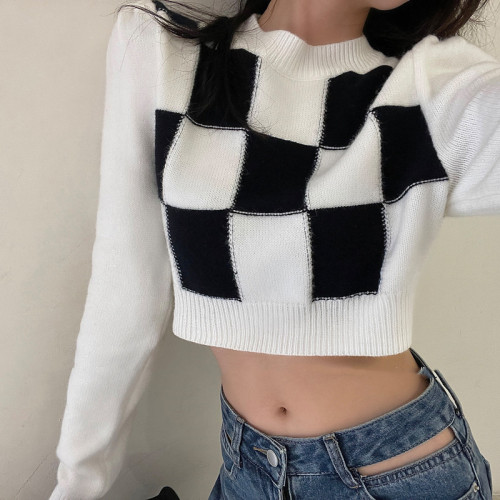 Korean chic top women's high waist short sweater design sense of minority Long Sleeve Sweater Top